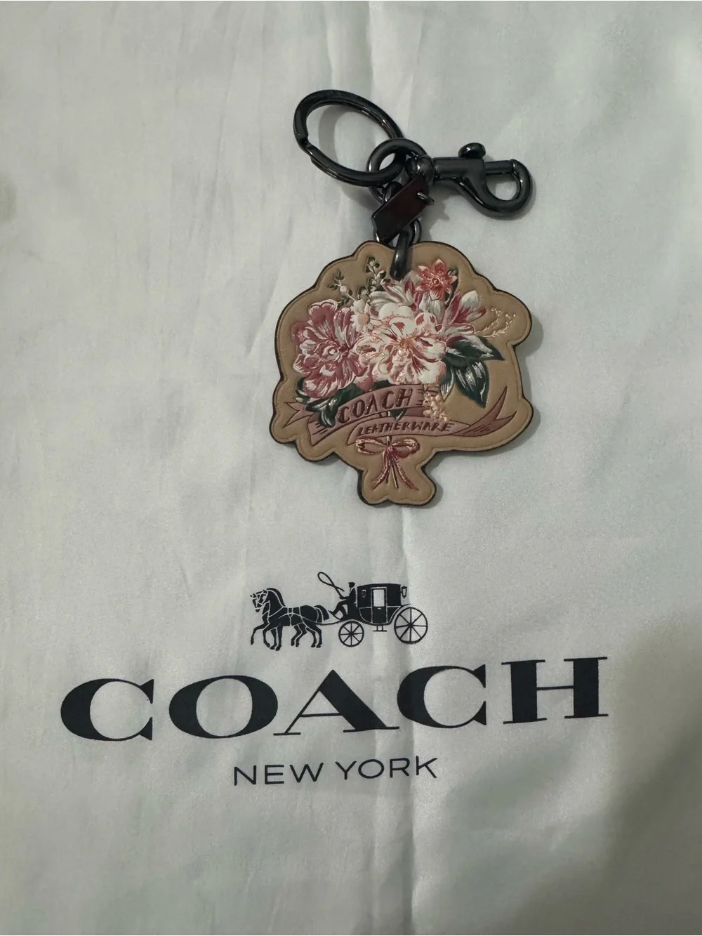 Coach Floral Leather Keyring & Bag Charm in Beechwood, Pink and Green